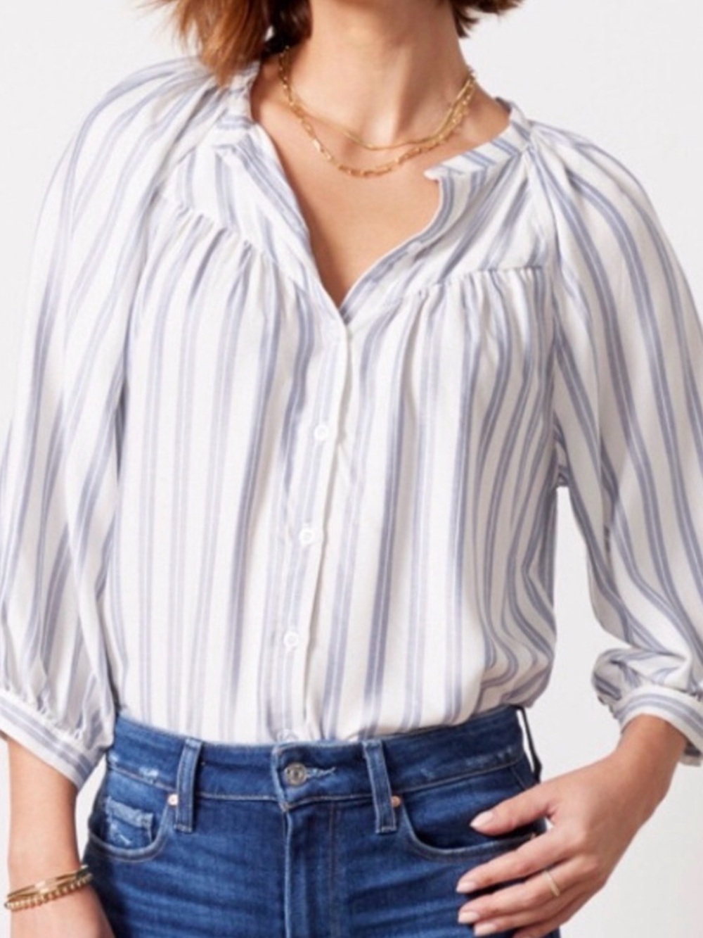 Striped Button-Front Women's Top in Light Blue and White - Picture 2 of 3